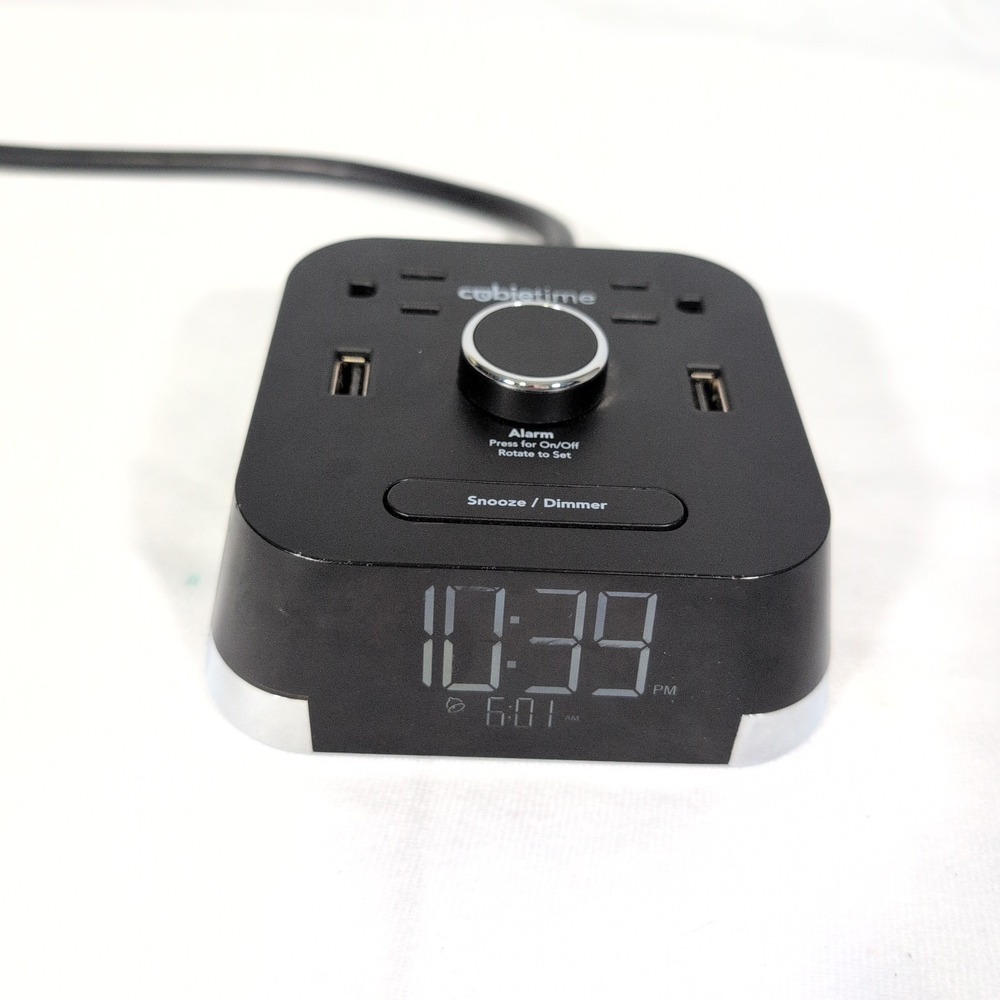CubieTime BPECT Black Alarm Clock w/ 2 Outlets + 2 USB-A Ports